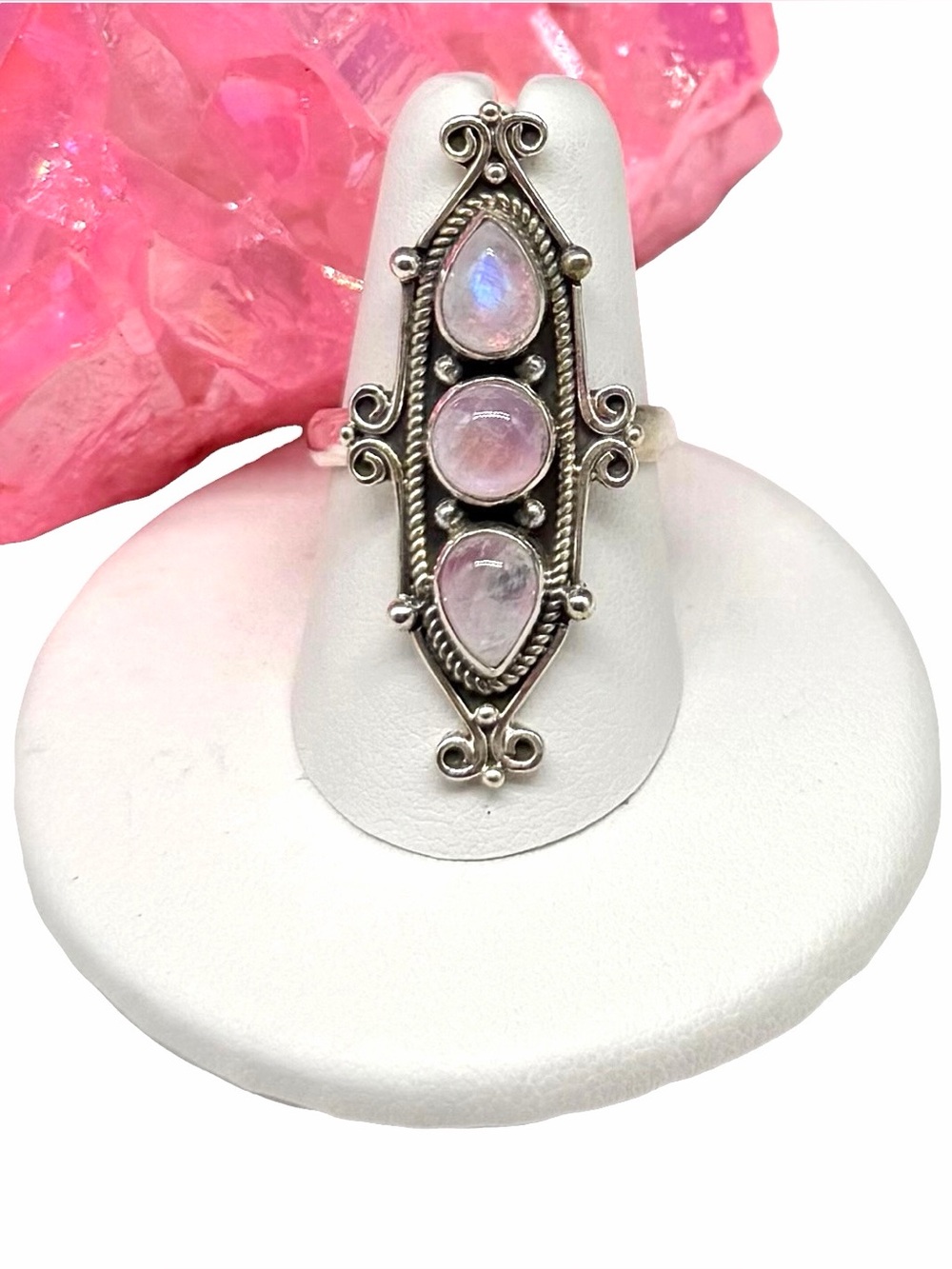 Pink Flash Rainbow Moonstone Ring Size 7.5 Solid 925 Sterling Silver